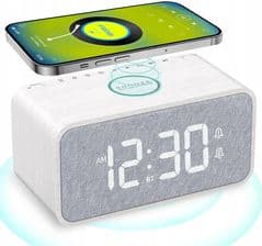 drewniany radiobudzik ANJANK z ładowarką indukcyjną, głośnik 10W bluetooth